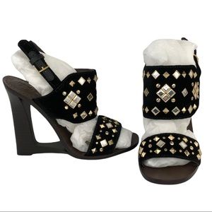 Tory Burch Kingsbridge Black Velvet Studded Wedge Sandals